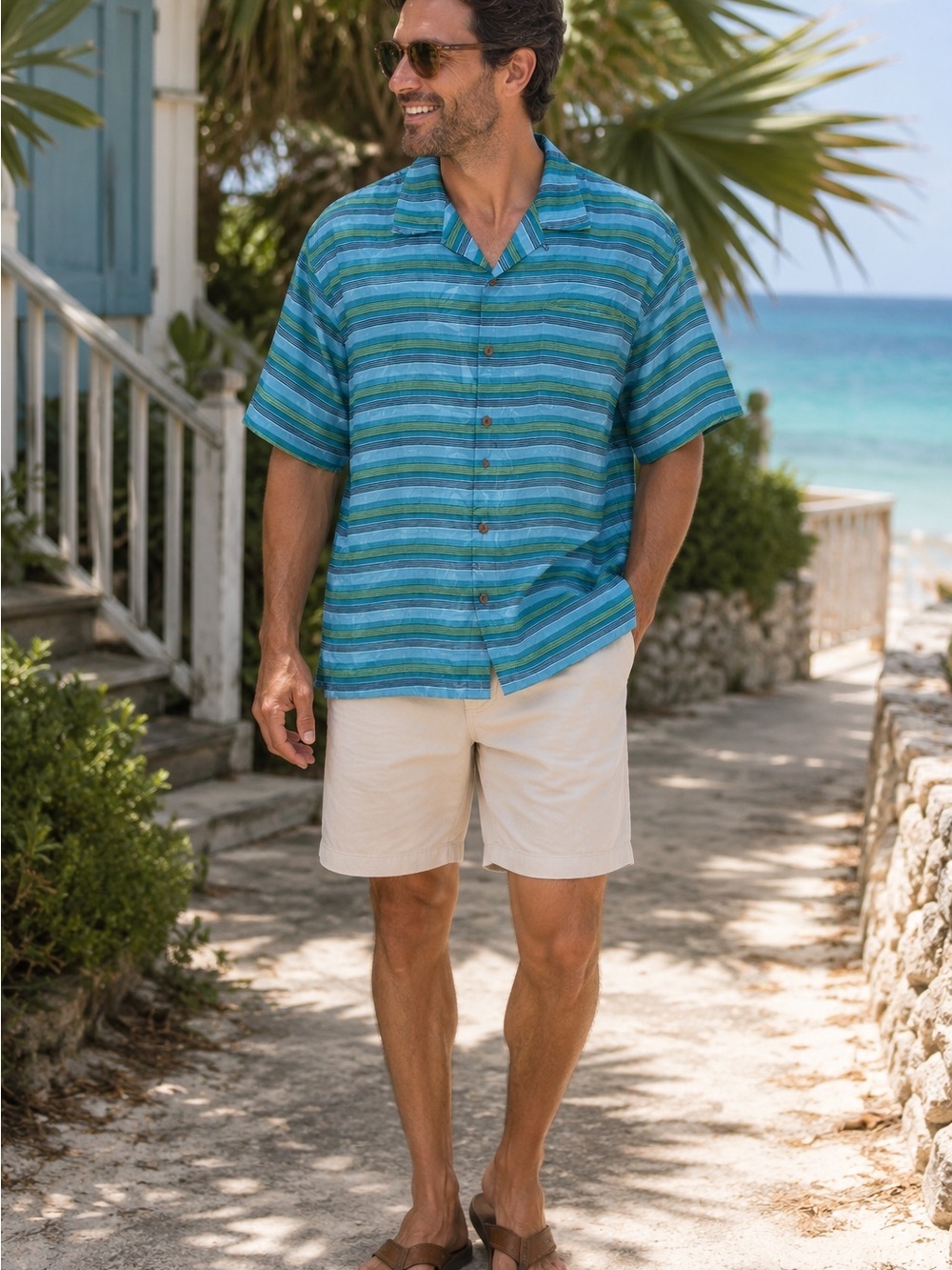 Tommy Bahama 100% Silk Blue Green Striped Camp Shirt | Men's Hawaiian Resort